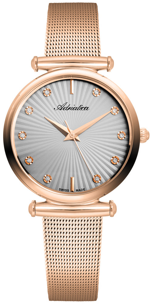 Adriatica Women Crystal Index Rose Gold 34mm Grey Dial Swiss Made  Stainless Steel Case  Mineral Glass