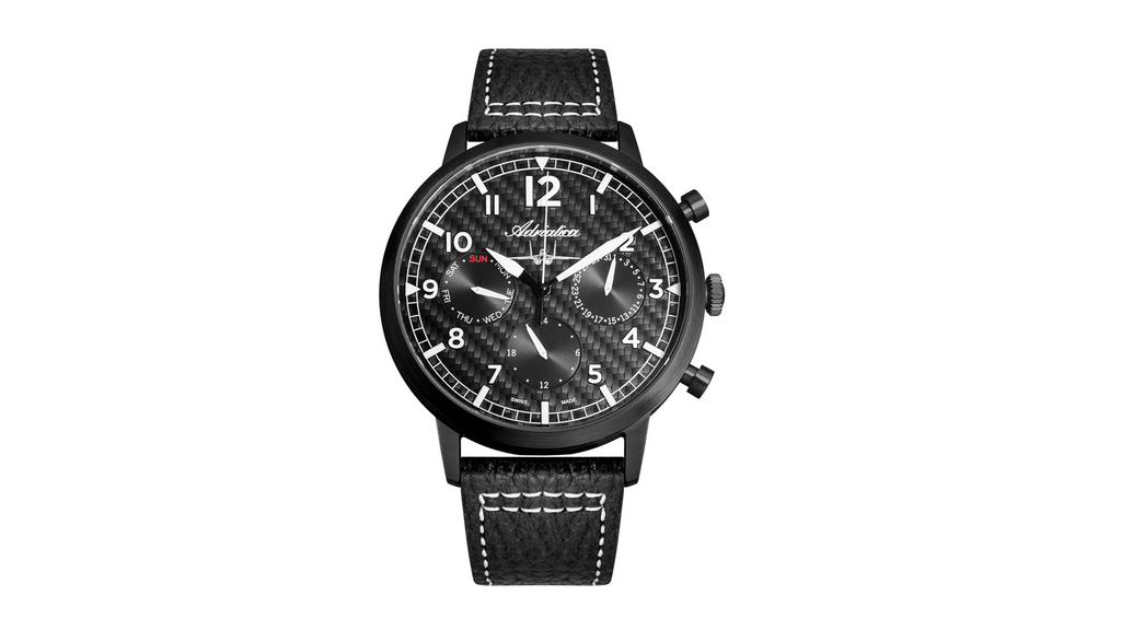 Adriatica Limited Edition Swiss Made Multifunction Aviation Black IP Black Textured Dial Black Leather Strap