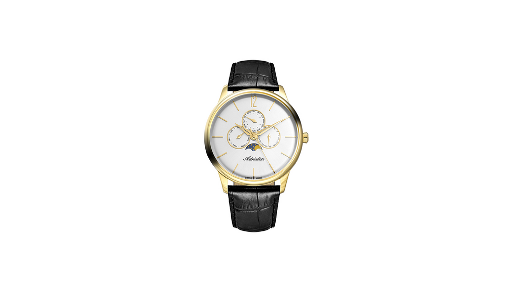 Adriatica Gent's 45mm Swiss Made Triple Date Moonphase Gold Tone Grey Dial Black Leather Strap