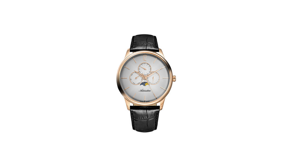 Adriatica Gent's 45mm Swiss Made Triple Date Moonphase Rose Gold Grey Dial Black Leather Strap