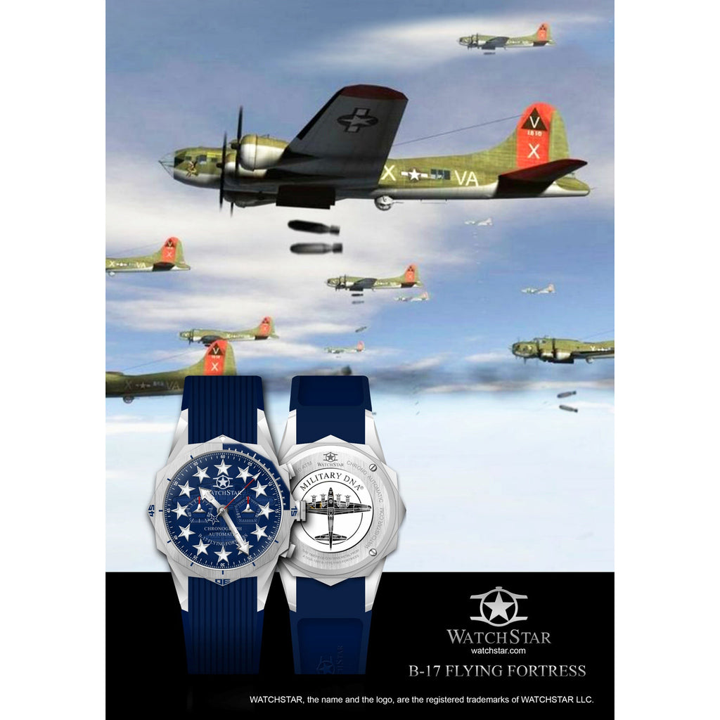 Watchstar B17 Flying Fortress 33 Jewels Automatic Chronograph Blue Dial Blue Silicone Strap