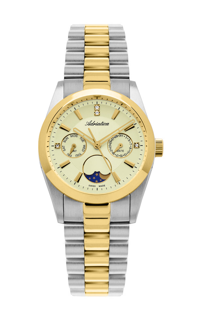 Adriatica Women 3802 Date/Day MoonPhase 36mm Gold Dial Swiss Made  Stainless Steel Case