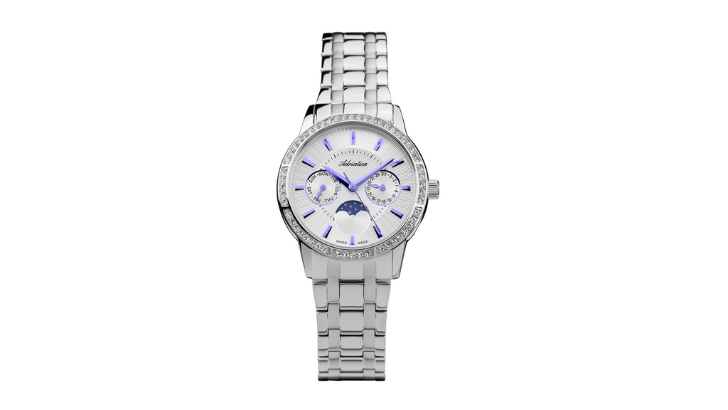 Adriatica Ladies Limited Edition Swiss Made Moonphase Stainless Steel White Dial Crystal Bezel