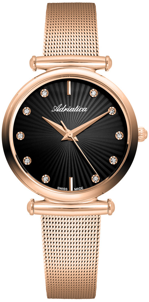 Adriatica Women Crystal Index Rose Gold 34mm Black Dial Swiss Made  Stainless Steel Case  Mineral Glass