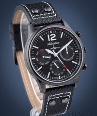 Adriatica Limited Edition Swiss Made Multifunction Aviation Black IP Black Dial Black Leather Strap