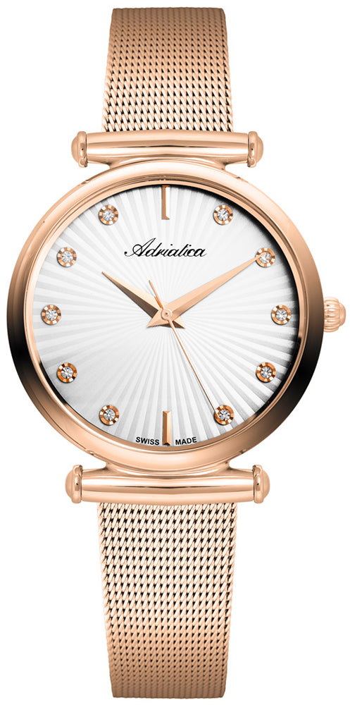 Adriatica Women Crystal Index Rose Gold 34mm Silver Dial Swiss Made  Stainless Steel Case  Mineral Glass