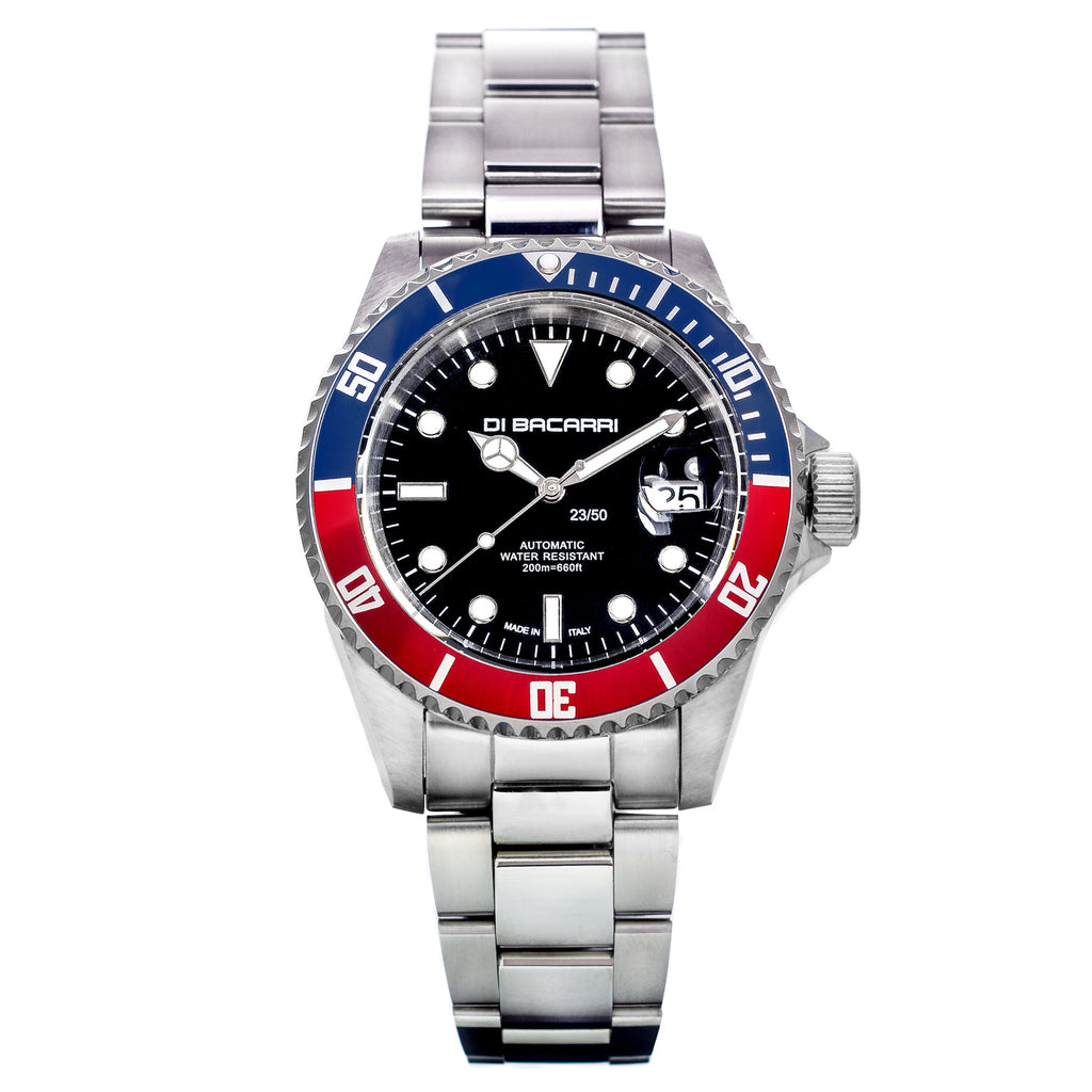 Di Bacarri 42mm Limited Edition Marina SE Automatic Diver Black Dial Blue/Red Bezel Leather Strap