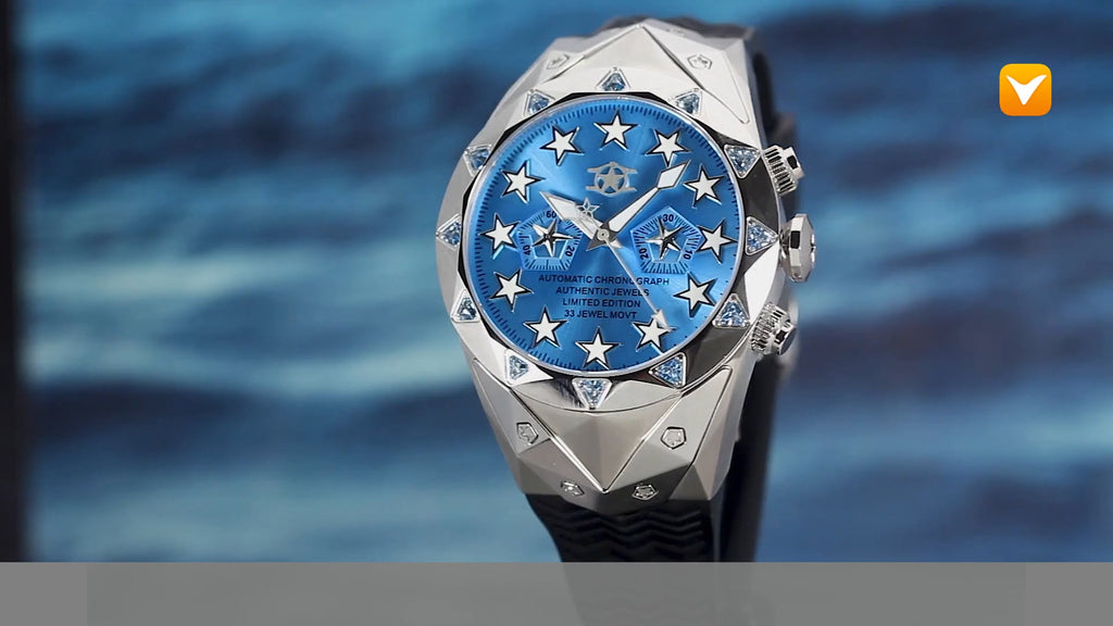 Watchstar Limited Edition Superstar 33 Jewel Automatic Chronograph Powder Blue Dial Blue Swarovski Crystals