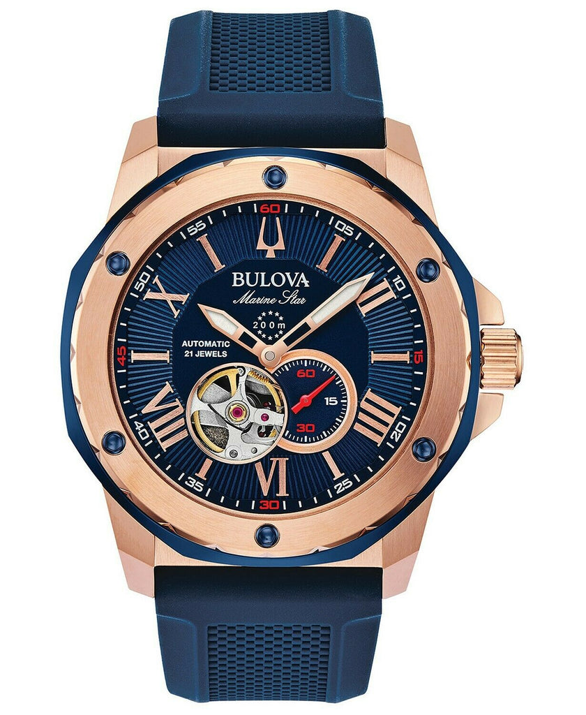 Bulova Marine Star 45mm Automatic Rose Gold Blue Dial Blue Textured Silicone Strap