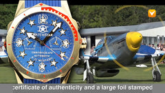 Watchstar P-51 Mustang Fighter Bomber 33 Jewel Automatic Chronograph Gold Tone Blue Dial