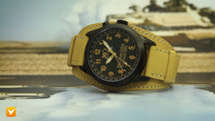 XO Retro Men's Certified 1991 M1 Abrams Military Watch DNA - Triple Date - Black Dial Tan Strap