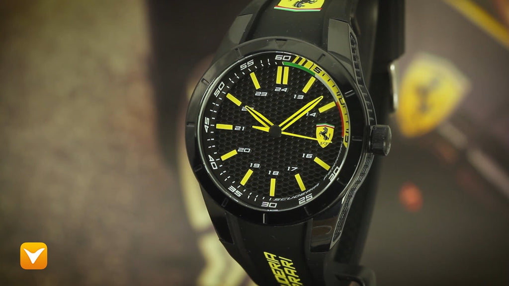 Ferrari Red Rev Black and Yellow Textured Dial Rubber Strap
